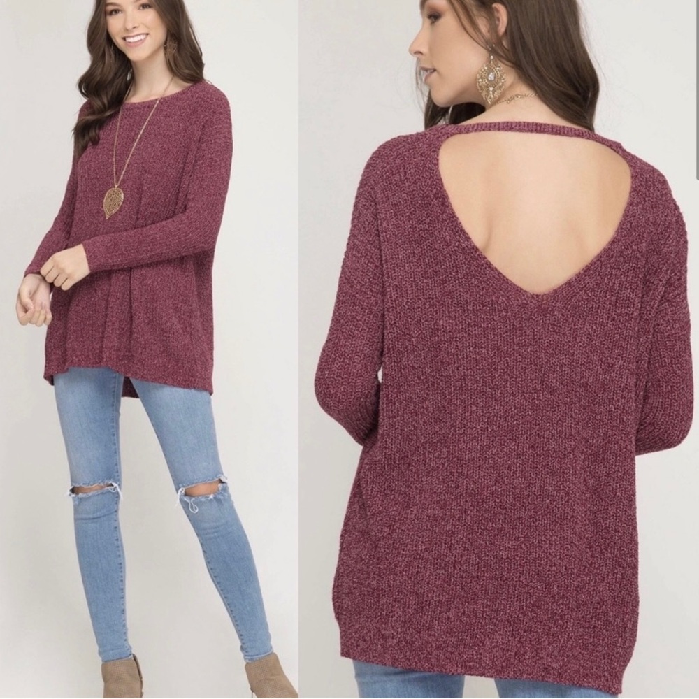 She + Sky Burgundy Open-Back Sweater